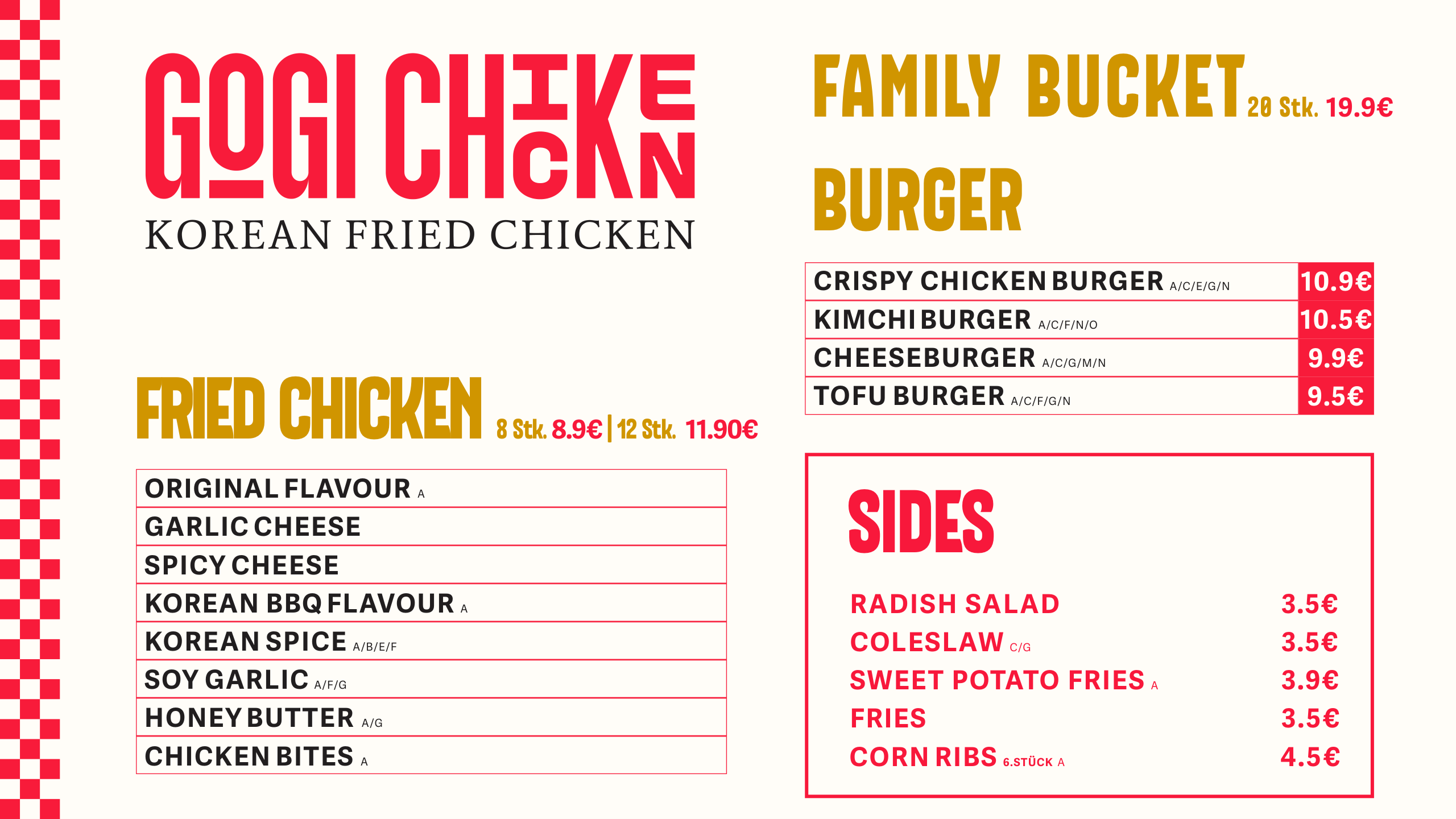 Menu page 1: burgers, fried chicken, sides — same layout as the print menu